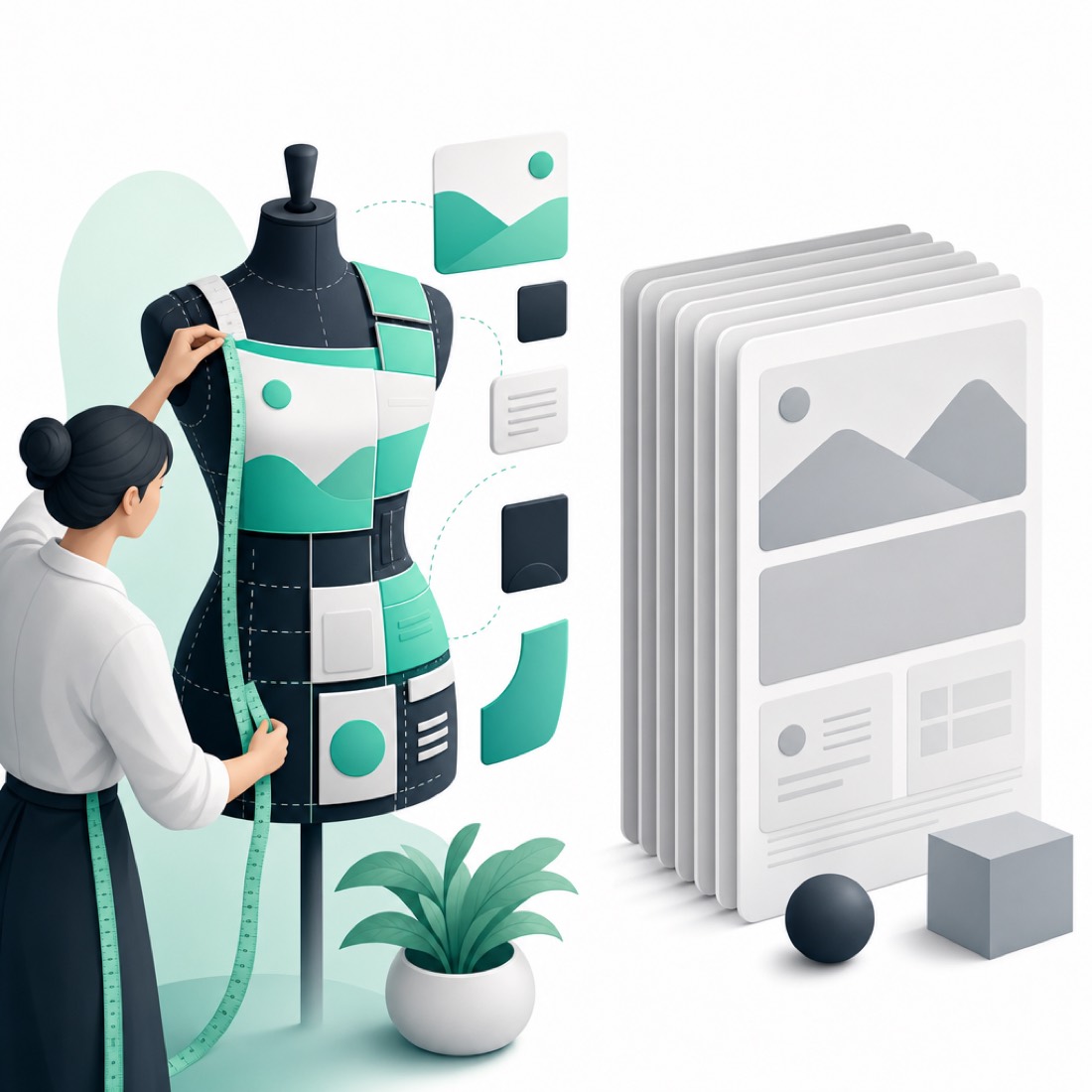 Illustration contrasting a tailored, made-to-measure website layout with a stack of identical generic templates
