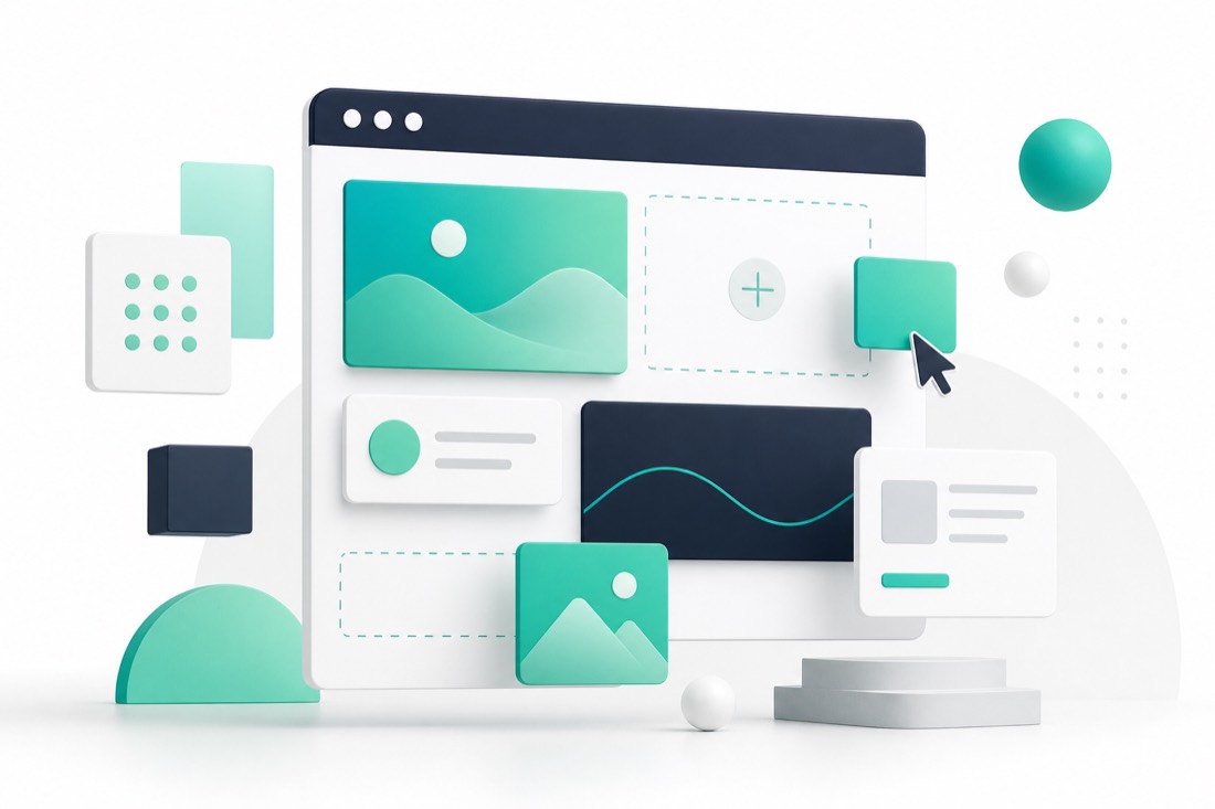 Editorial illustration of a custom website being assembled from modular layout panels inside a clean browser frame