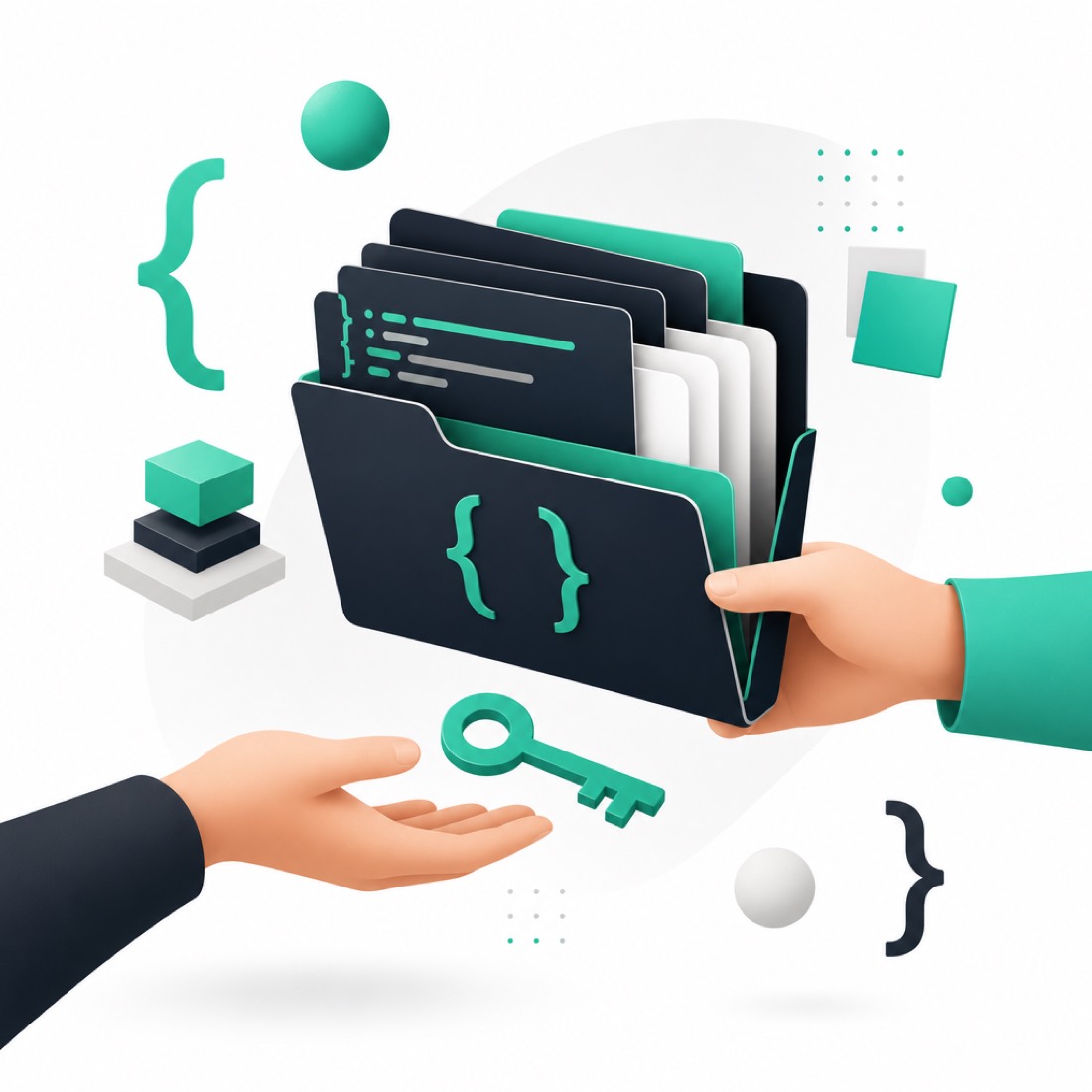 Illustration of website source code in a folder being handed over with a key, representing ownership and control