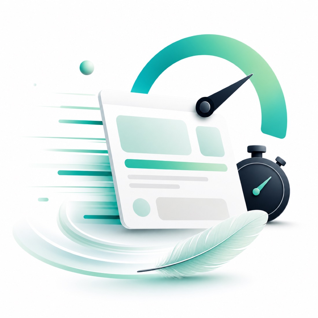 Illustration of a web page loading quickly, with a speed gauge and light streaks suggesting a fast, lightweight site