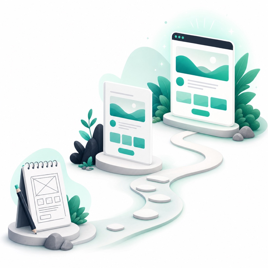 Illustration of the web design journey, from a sketch wireframe to a finished browser window along a winding path