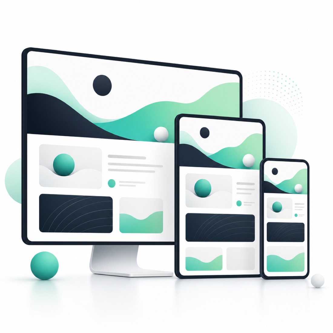 Illustration of one website design adapting fluidly across desktop, tablet and phone screens