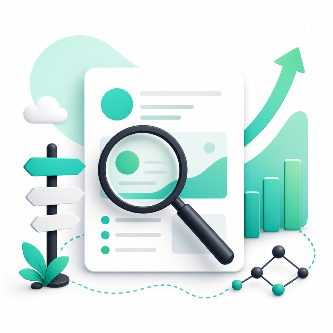 Illustration of a web page being found in search, with a magnifying glass, an upward trend line and signposts