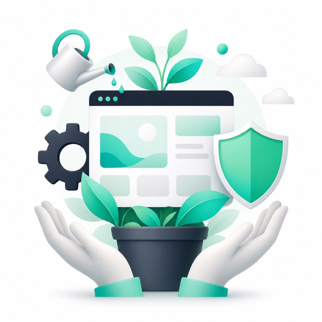 Illustration of a website being cared for over time, with a gear and shield motif suggesting maintenance and security